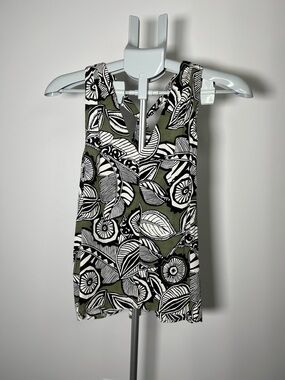 Vintage LOFT Olive Green Black & White Floral Tank Top
